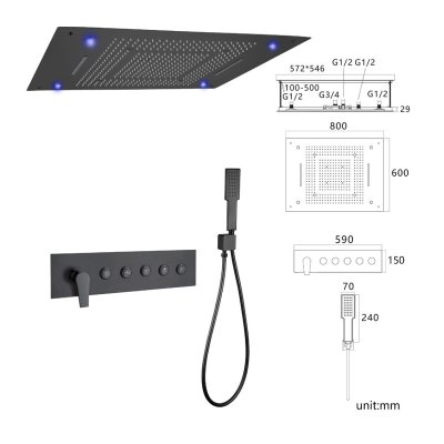 Matte Black 5 Way Ceiling Shower System Supplier with 800x600mm LED Head