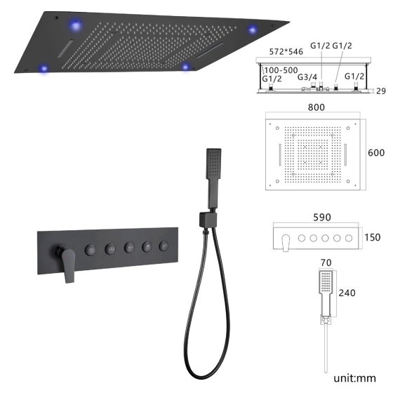 Matte Black 5 Way Ceiling Shower System Supplier with 800x600mm LED Head