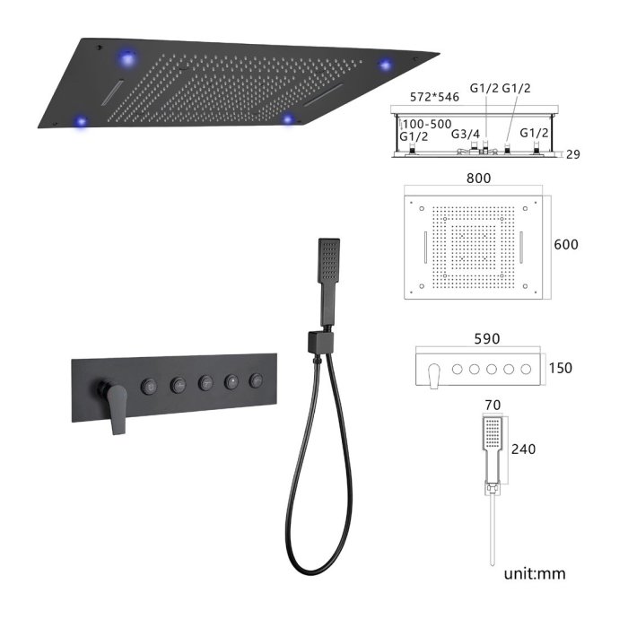 Matte Black 5 Way Ceiling Shower System Supplier with 800x600mm LED Head