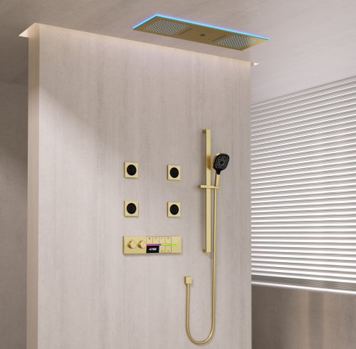 Brushed Gold 6 Way Ceiling Shower System Supplier with LED Temp Screen