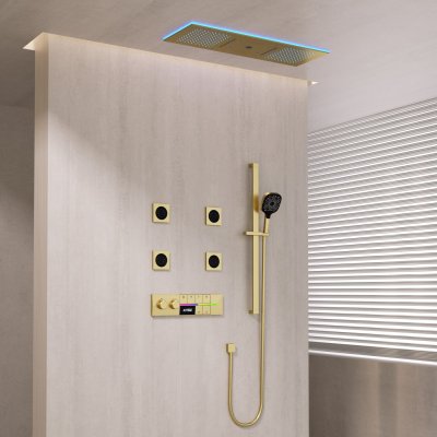 Brushed Gold 6 Way Ceiling Shower System Supplier with LED Temp Screen