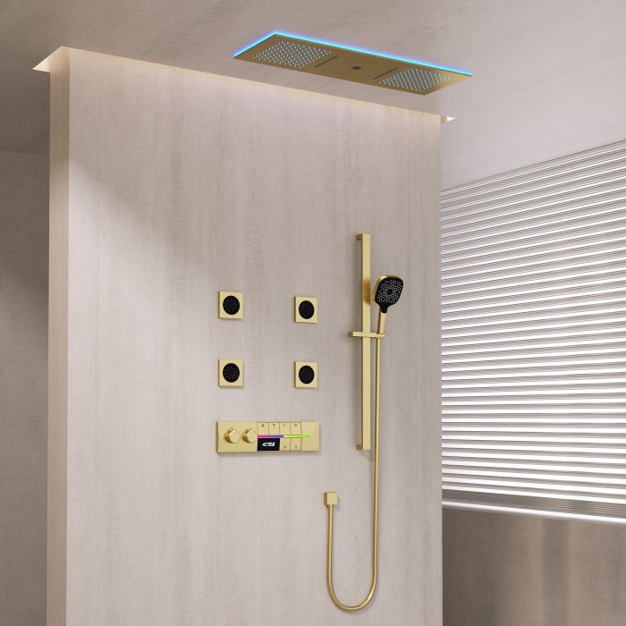 Brushed Gold 6 Way Ceiling Shower System Supplier with LED Temp Screen
