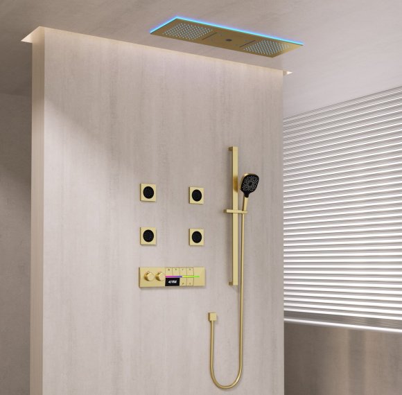 Brushed Gold 6 Way Ceiling Shower System Supplier with LED Temp Screen