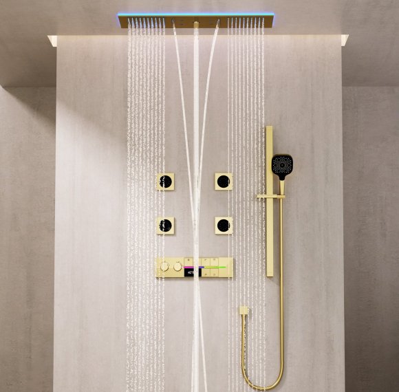 Brushed Gold 6 Way Ceiling Shower System Supplier with LED Temp Screen