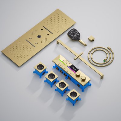 Brushed Gold 6 Way Ceiling Shower System Supplier with LED Temp Screen