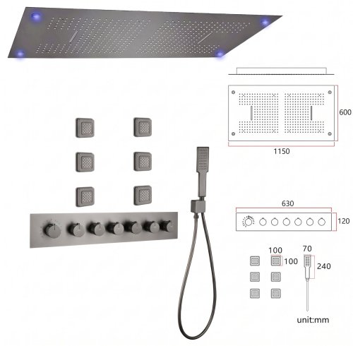 Grey 6 Way Ceiling Shower System Supplier with 1150x600mm Dual Rainfall Head