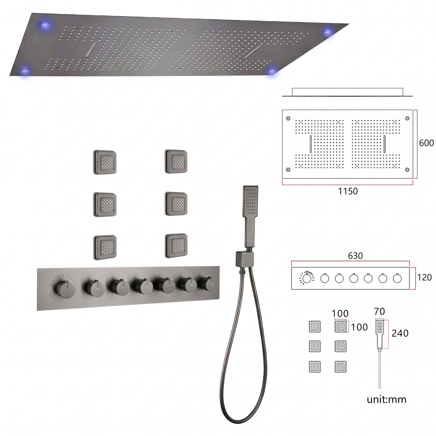 Grey 6 Way Ceiling Shower System Supplier with 1150x600mm Dual Rainfall Head