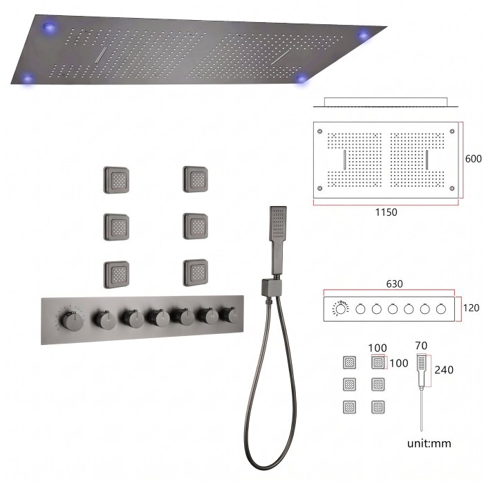Grey 6 Way Ceiling Shower System Supplier with 1150x600mm Dual Rainfall Head