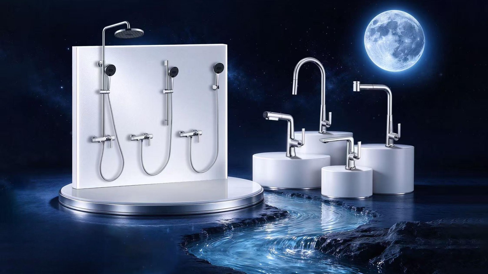 Chrome shower set and basin mixers from the new OYAQUA collection photographed against a night sky backdrop