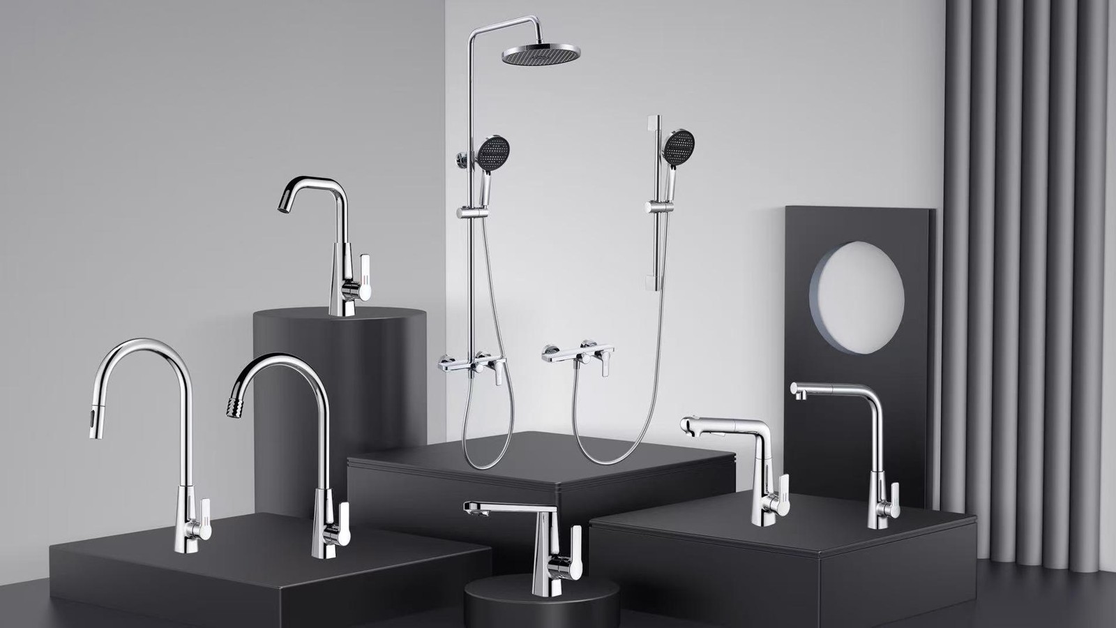 Chrome faucets and shower sets with straight, geometric shapes from the new OYAQUA collection