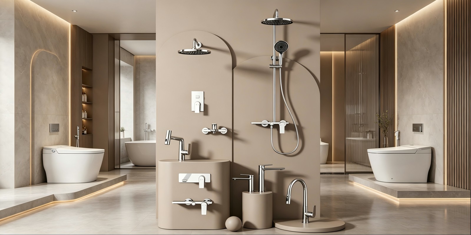 Chrome concealed and exposed shower components and mixers from the new OYAQUA collection staged in a warm-toned bathroom