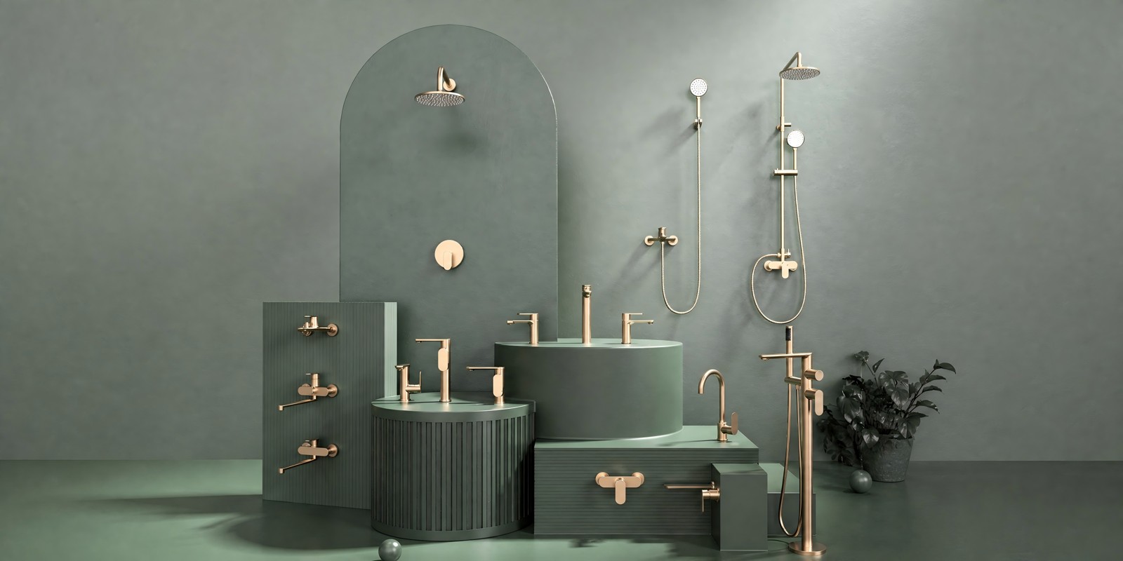 Brushed gold round-profile shower, mixers, wall-mounted basin taps and a freestanding bath filler from the new OYAQUA collection