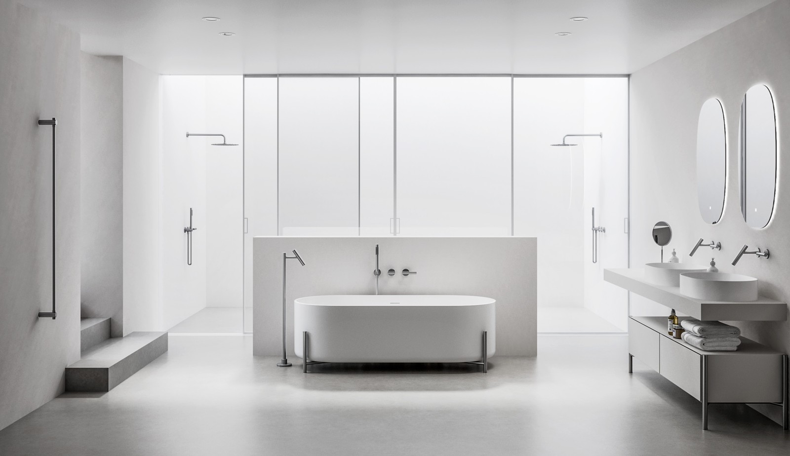 All-gunmetal bathroom scene with concealed shower, freestanding bath filler, wall-mounted basin taps, towel bar and mirror