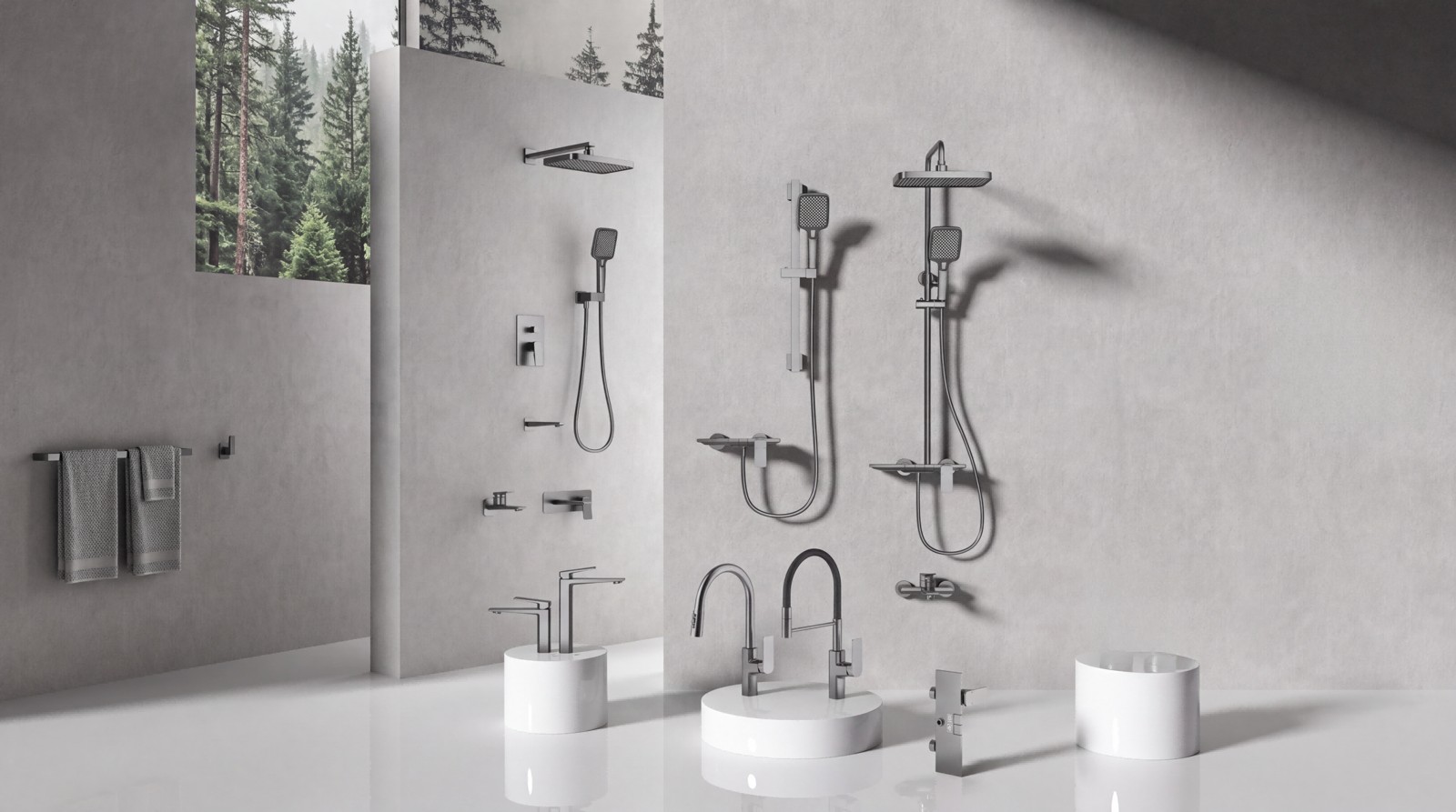 Gunmetal concealed and exposed shower sets with piano-key push-button control panels, plus matching basin mixers