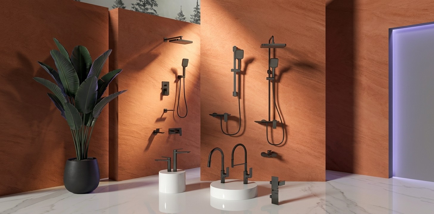 Matte black concealed and exposed shower sets with piano-key push-button control panels, displayed on a dark wall