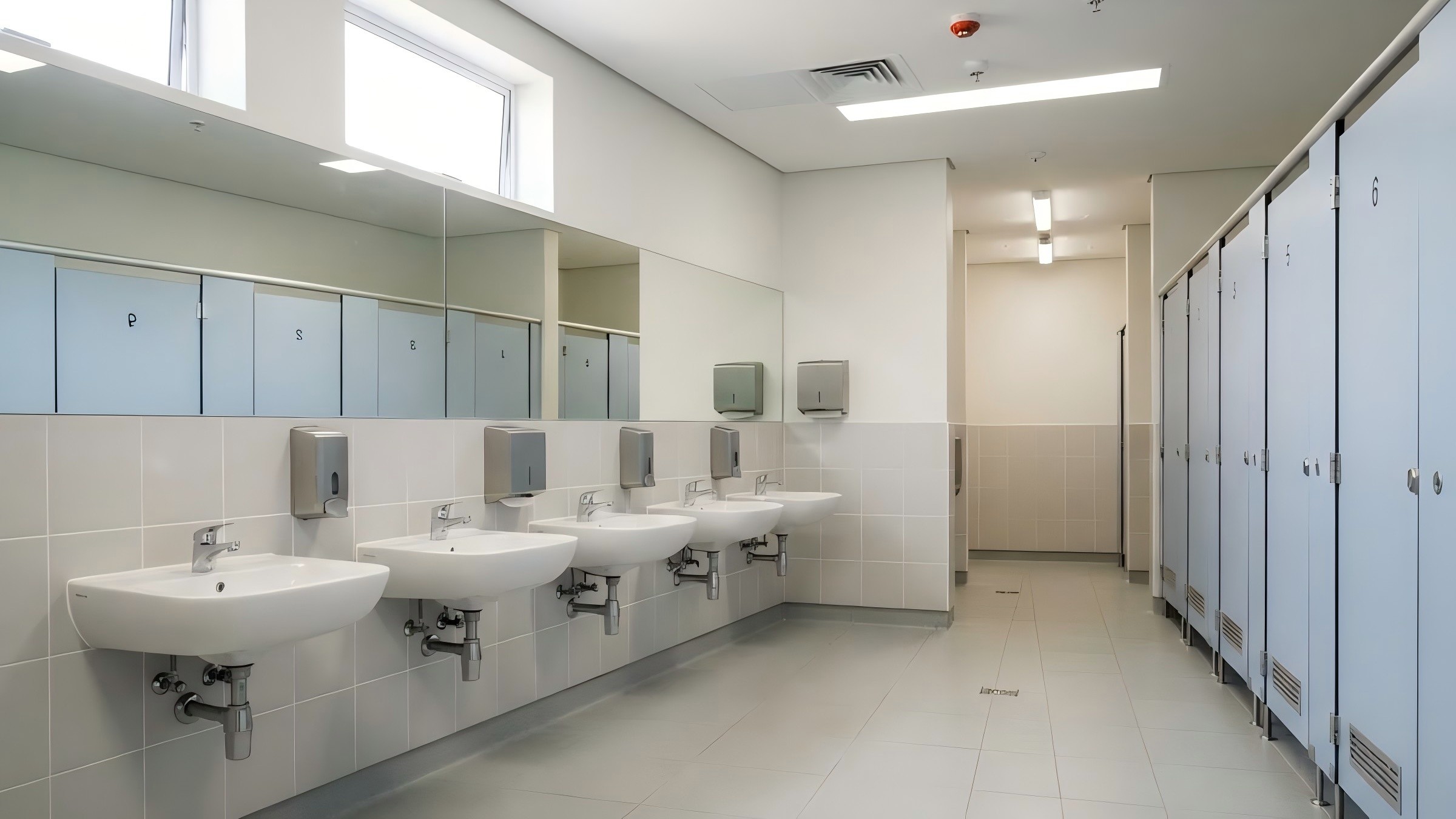 A bright, empty school washroom block with a row of wall-hung basins and an OYAQUA brand sign on the wall