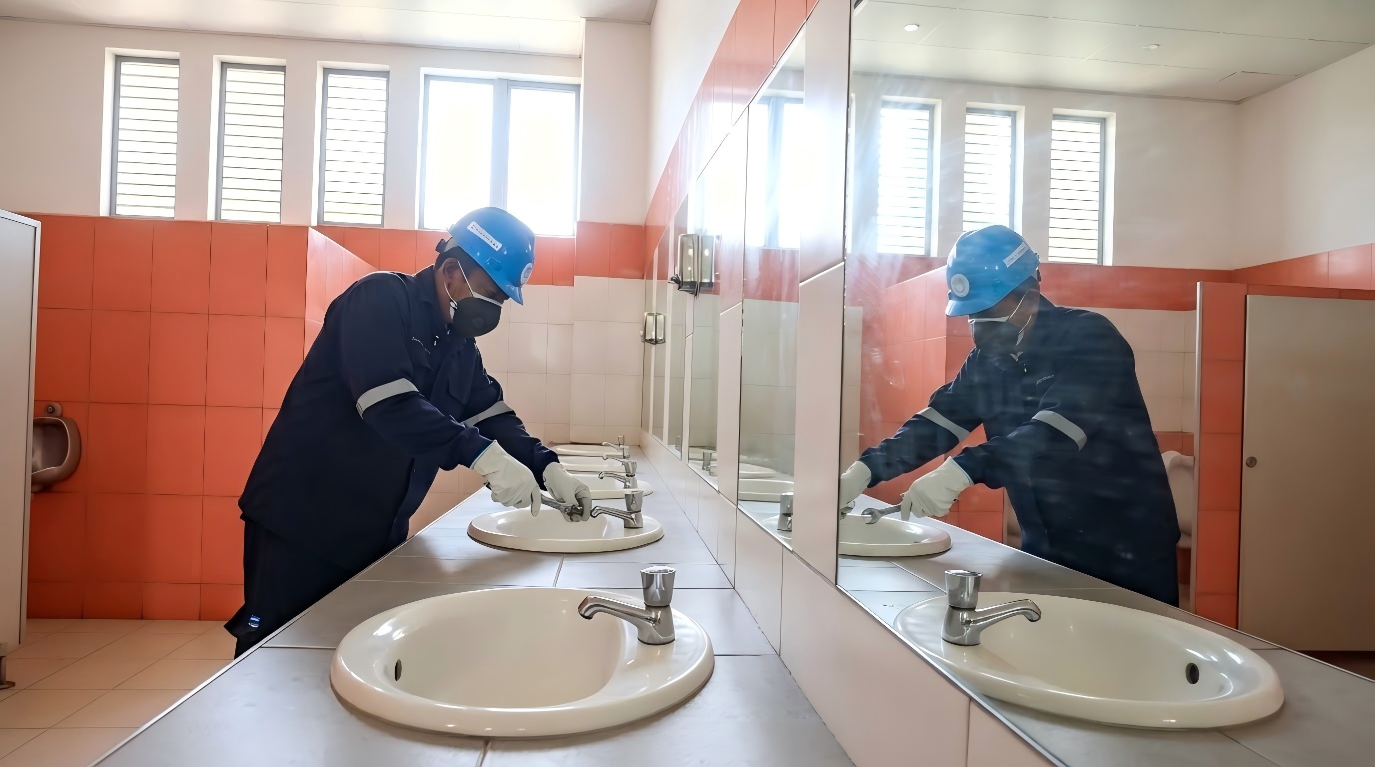 An OYAQUA technician with a spare-parts box beside a newly installed toilet and urinal in a school washroom