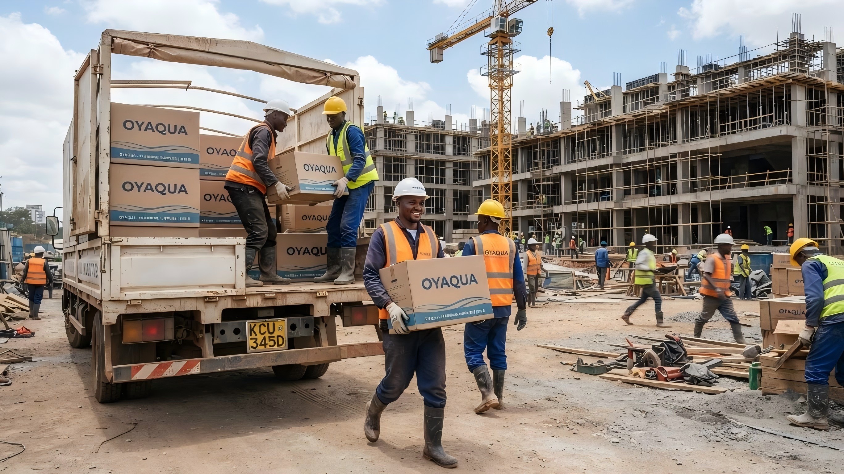 OYAQUA-branded cartons being loaded for delivery to a school construction site
