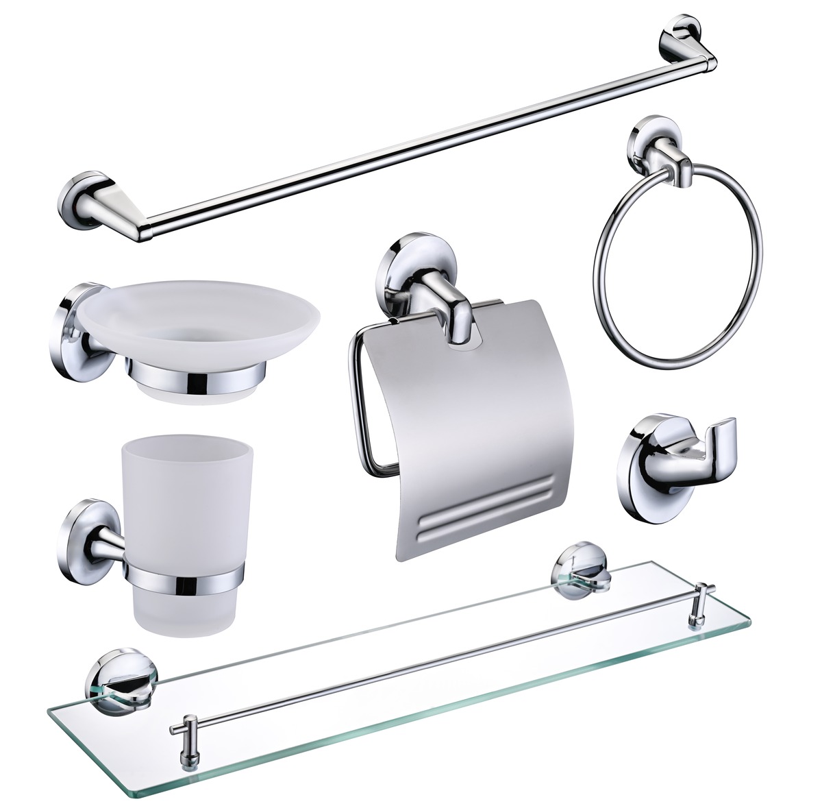 An OYAQUA bathroom hardware set with towel rail, ring, soap dish, paper holder and shelf