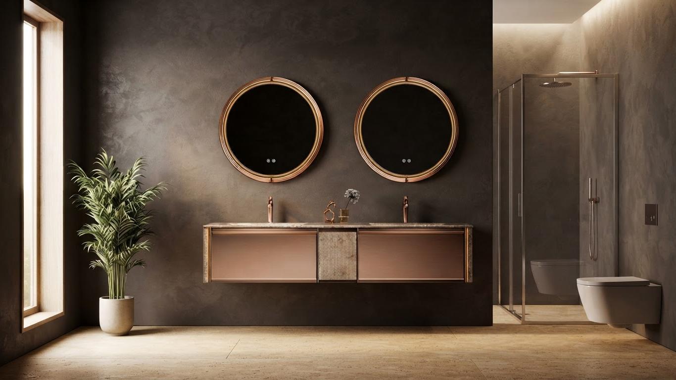 A modern bathroom scene with an OYAQUA vanity cabinet, mirror and toilet