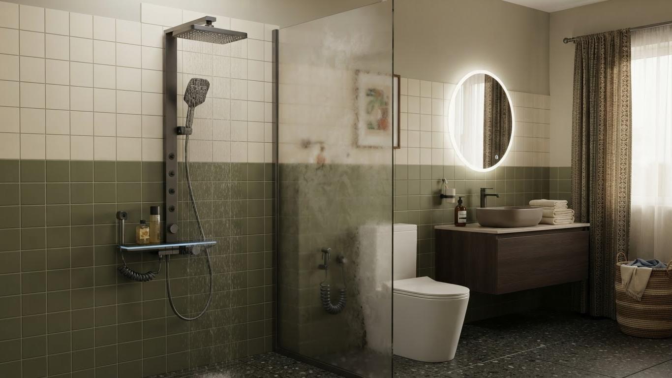 An OYAQUA exposed shower set with overhead and hand shower