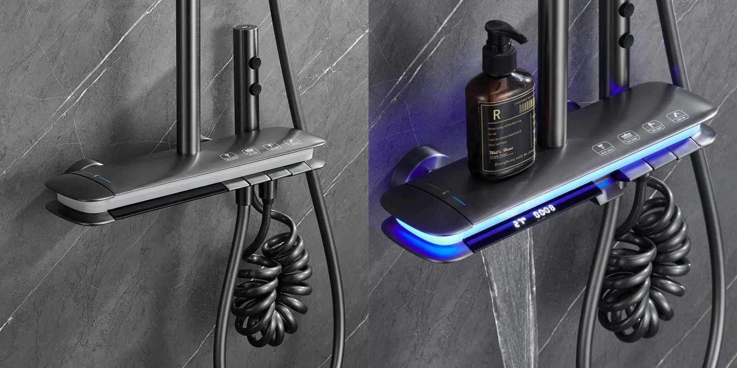 Gunmetal exposed shower set with a piano-key push-button control panel, vertical riser, hand shower and flexible hose