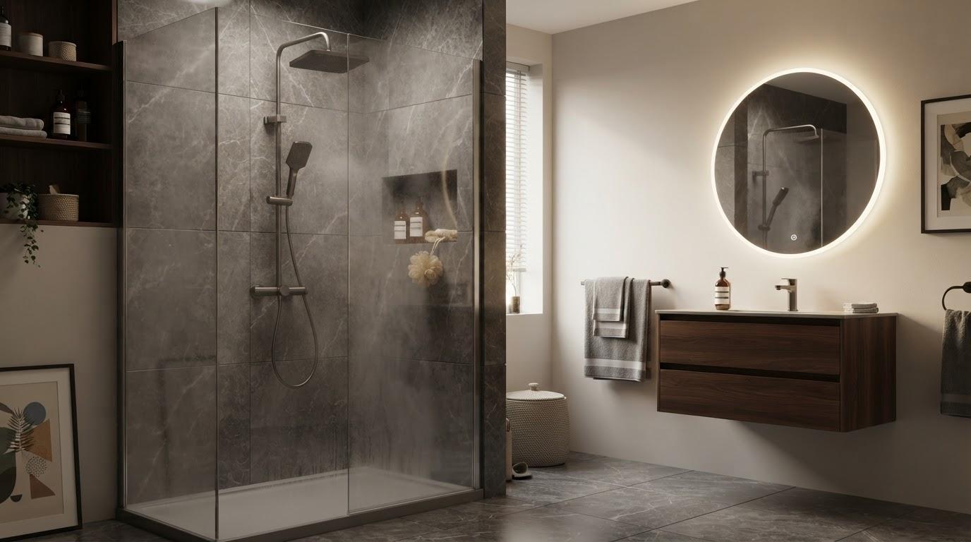 Dark tiled shower with a square overhead head, hand shower on a riser and a low-level mixer