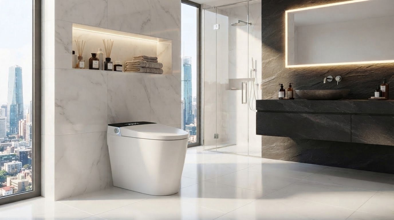 White Smart Toilet Supplier with Tankless Heating and UV Nozzle Rinse