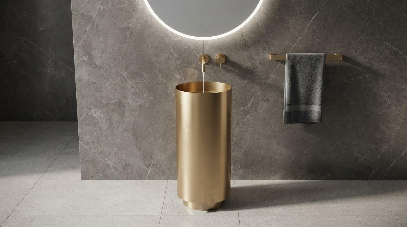 Brushed Gold Freestanding Pedestal Basin Supplier with Cylindrical Column Design