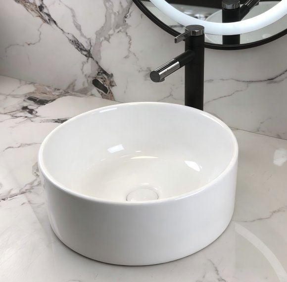 White 370mm Round Ceramic Basin Supplier with Above Counter Vessel Design