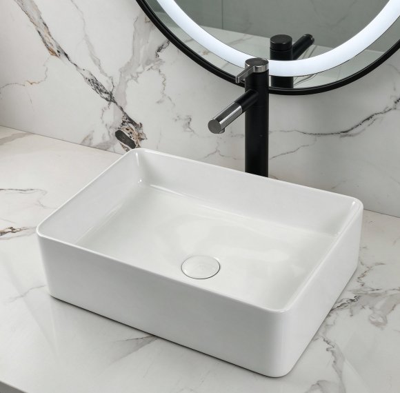 White 500mm Rectangular Ceramic Basin Supplier with Above Counter Design