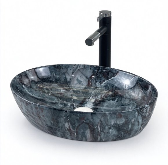 Dark Marble Oval Ceramic Basin Supplier with Above Counter Vessel Design