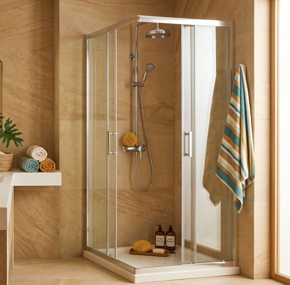 White Square Shower Enclosure Supplier with Double Sliding Doors and Acrylic Tray