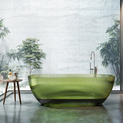 Green Transparent Resin Bathtub Supplier with Fluted Crystal Body and 1700mm Interior