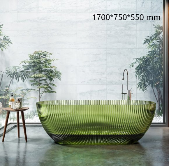 Green Transparent Resin Bathtub Supplier with Fluted Crystal Body and 1700mm Interior