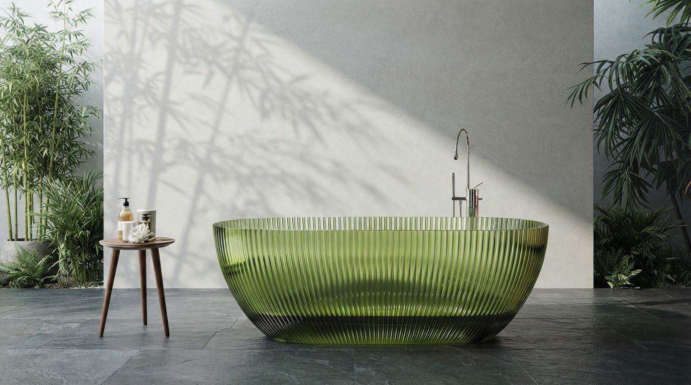 Green Transparent Resin Bathtub Supplier with Fluted Crystal Body and 1700mm Interior