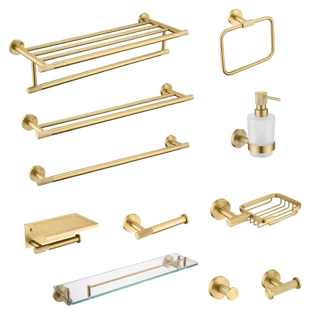Brushed Gold 11-Piece Bathroom Hardware Set Supplier with Knurled Base Design