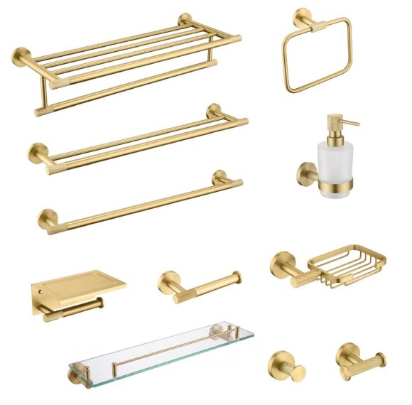 Brushed Gold 11-Piece Bathroom Hardware Set Supplier with Knurled Base Design