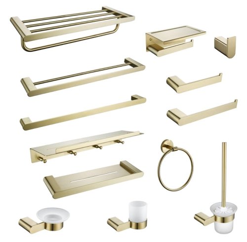Brushed Gold 13-Piece Bathroom Hardware Set Supplier with Beveled Angular Base