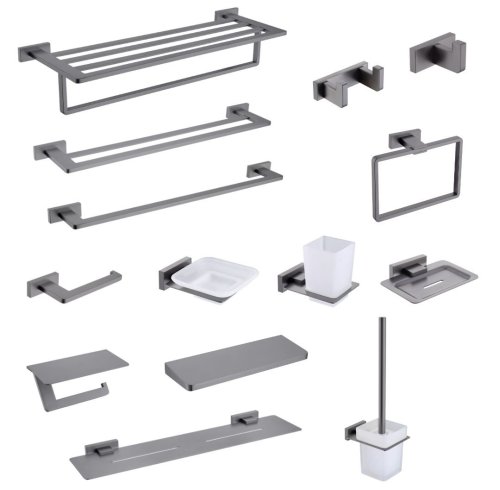 Grey 14-Piece Bathroom Hardware Set Supplier with Square Base and Straight Lines