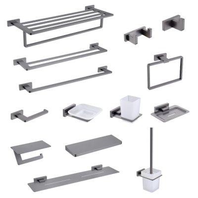 Grey 14-Piece Bathroom Hardware Set Supplier with Square Base and Straight Lines