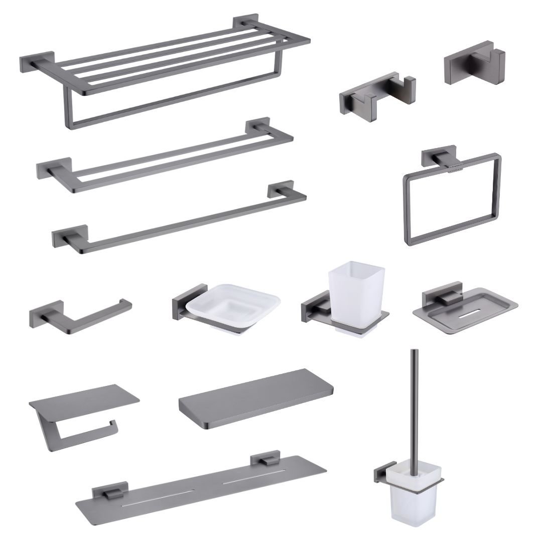 Grey 14-Piece Bathroom Hardware Set Supplier with Square Base and Straight Lines