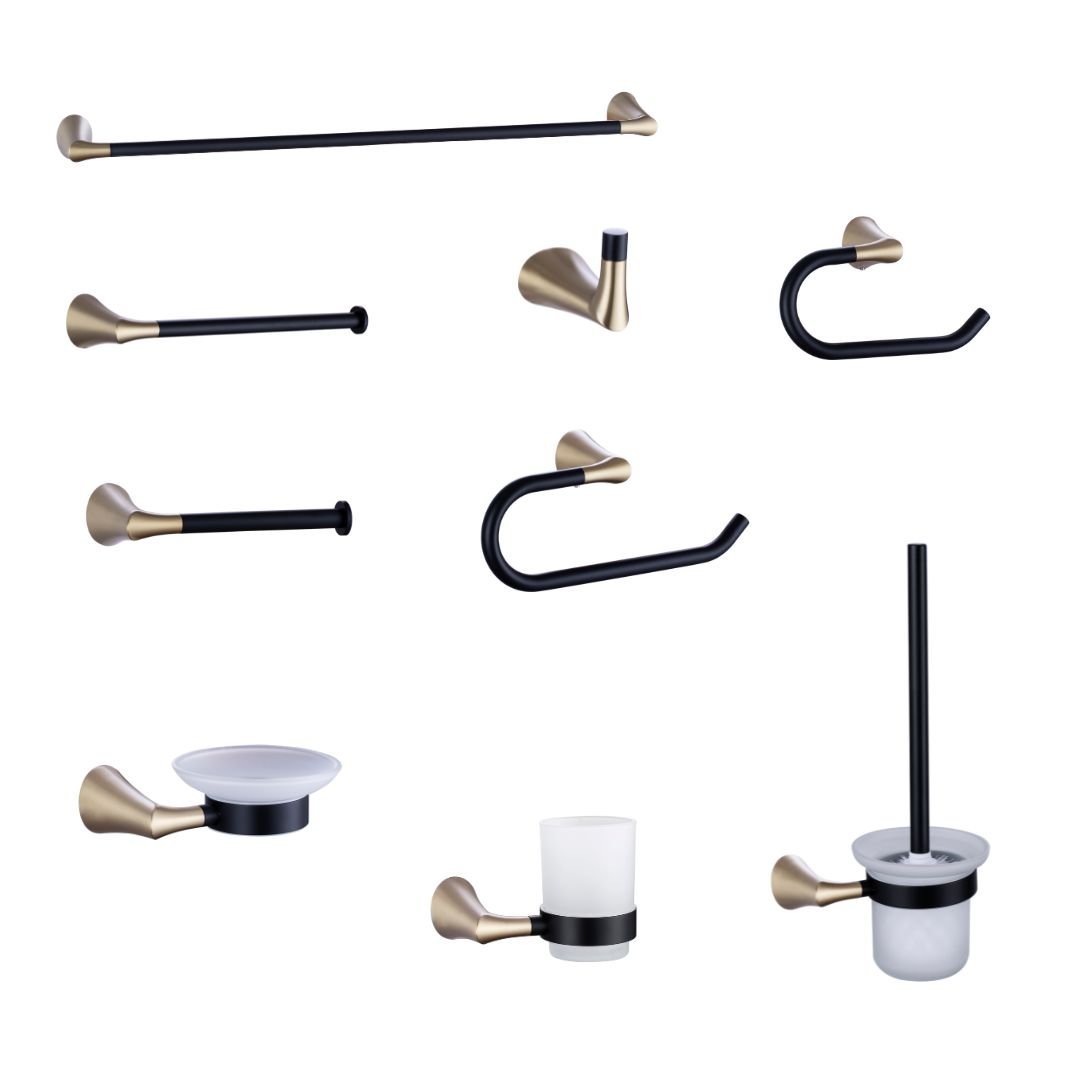 Brushed Gold 9-Piece Bathroom Hardware Set Supplier with SUS304 and Brass Body