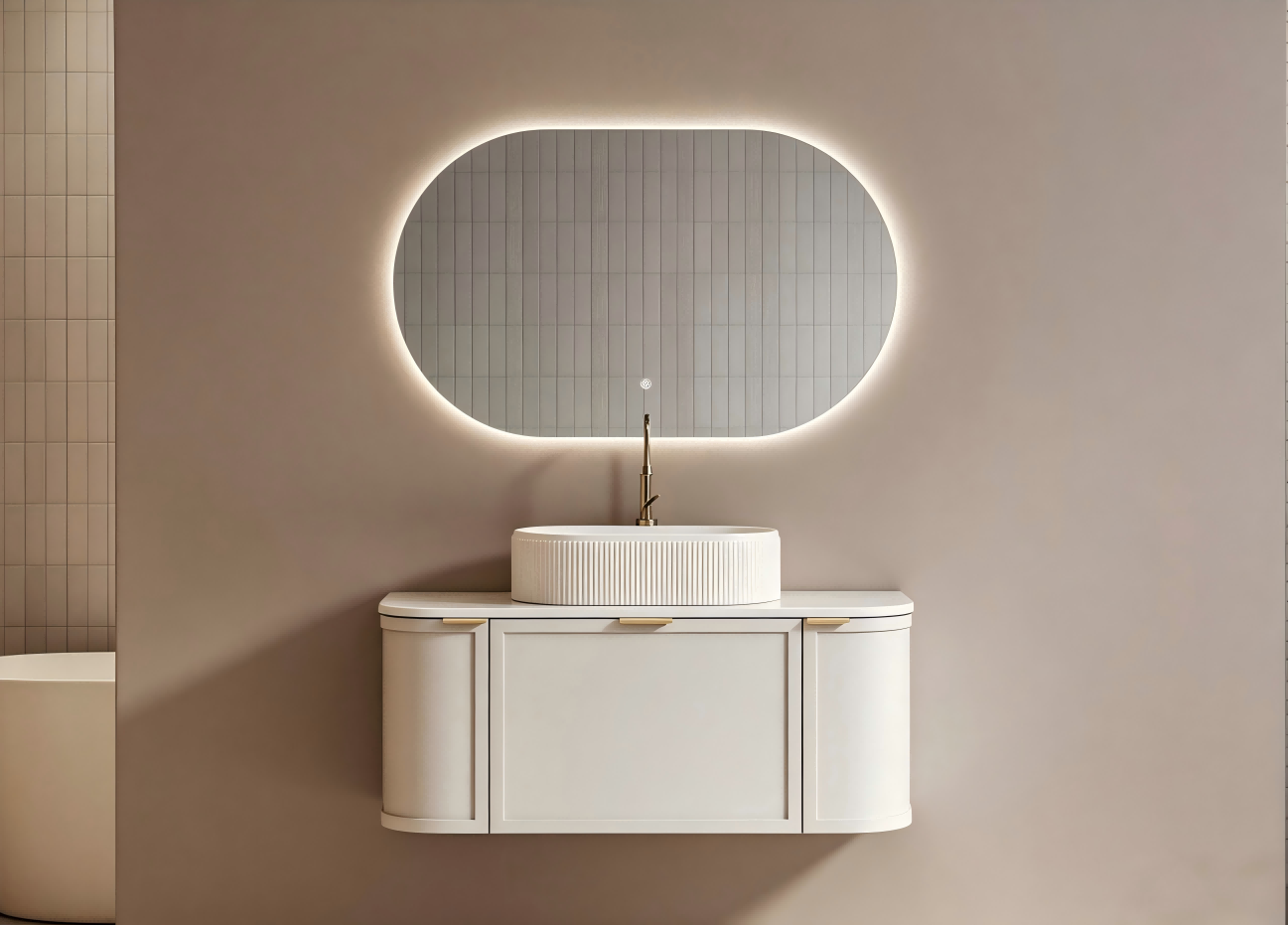 Bright family bathroom with a warm oak multi-layer wood vanity