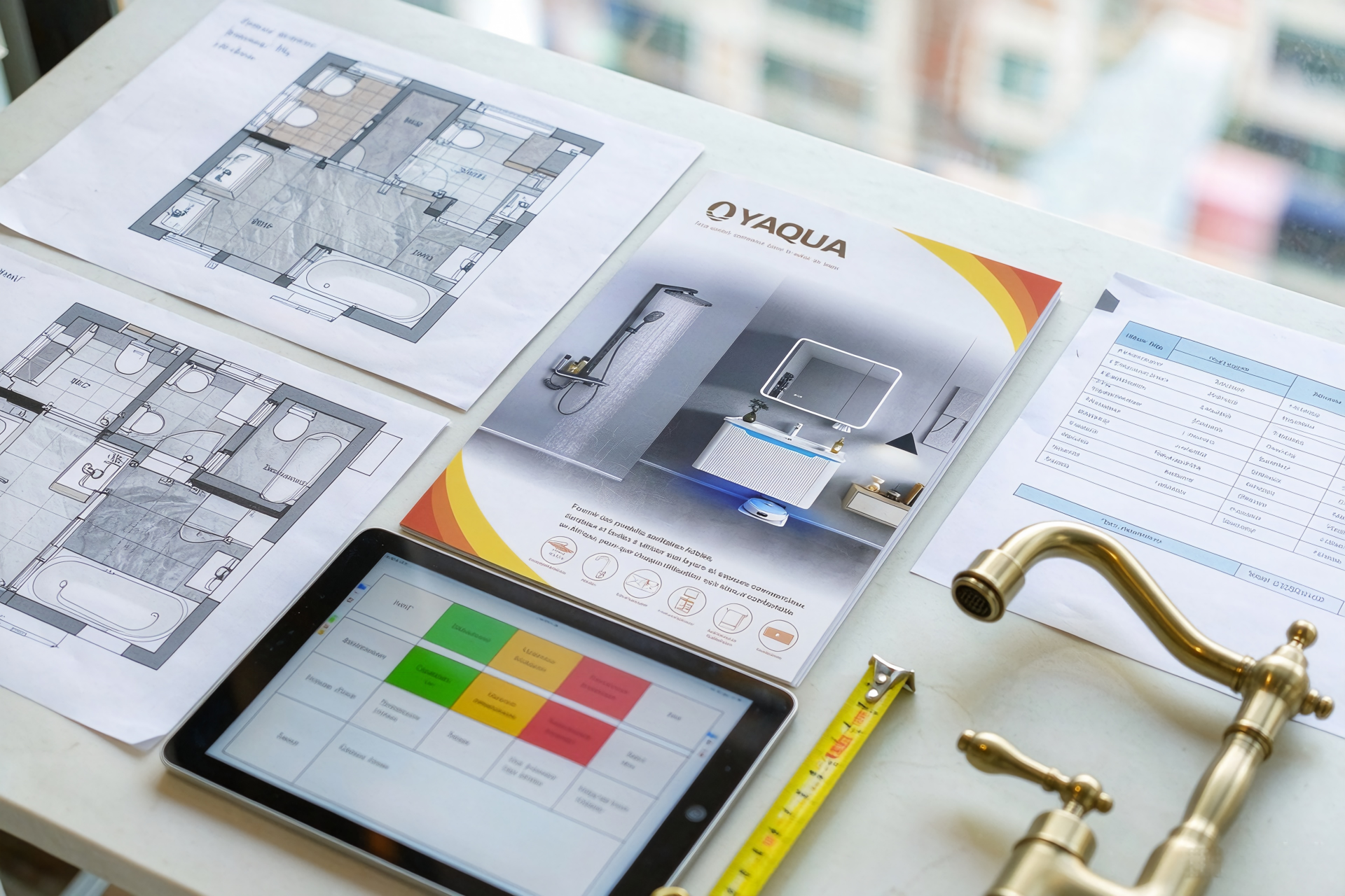 OYAQUA project planning documents with bathroom drawings, BOQ and specification booklet