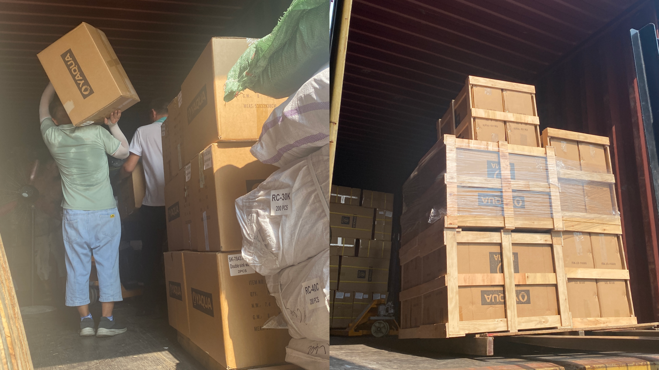 Cartons of bathroom fixtures being loaded for local delivery from stock held in the country