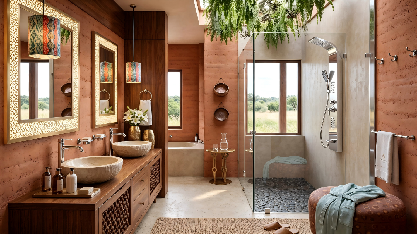 Bathroom with an exposed shower column, wall-mounted basin spout and freestanding tub filler in a warm neutral finish
