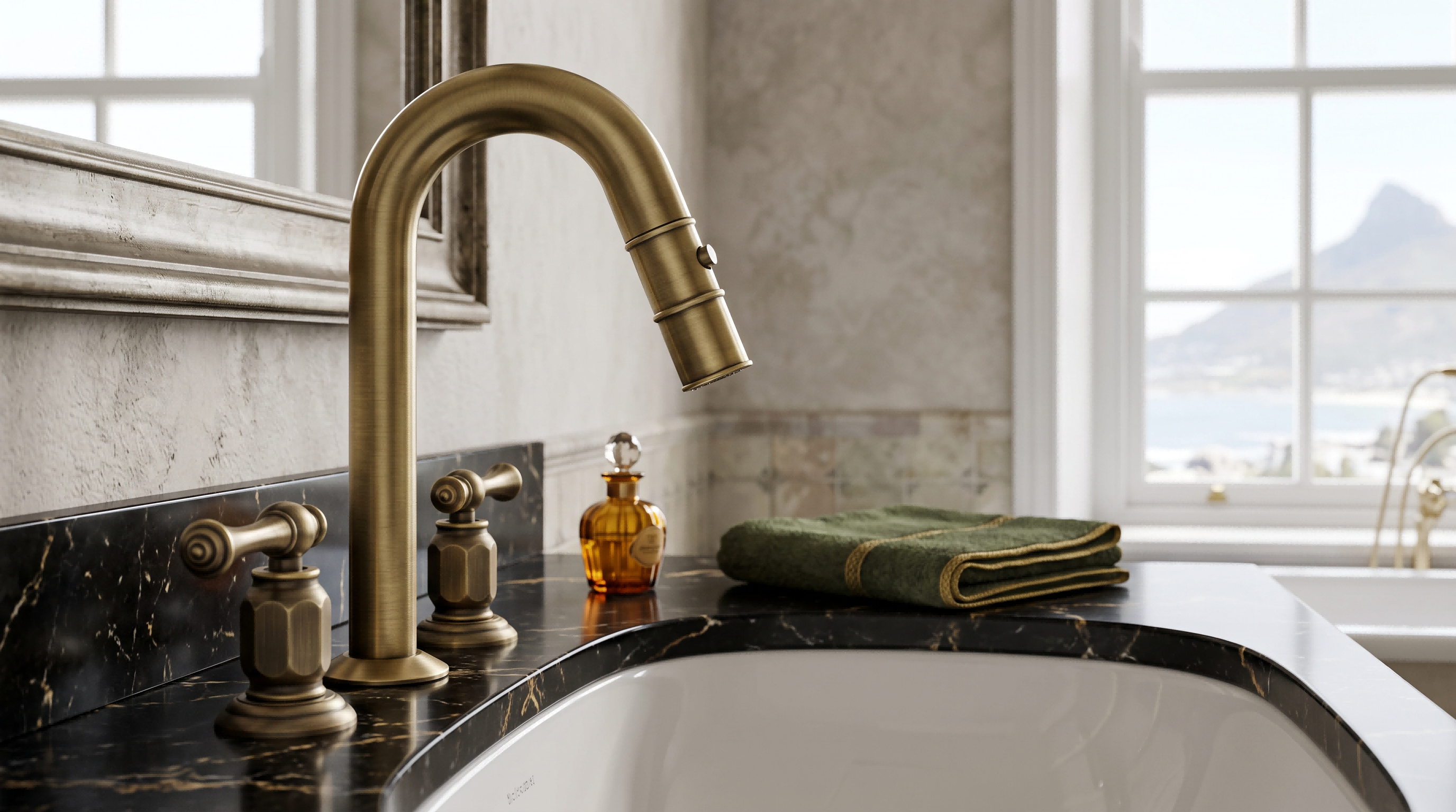 Brass single-lever basin faucet mounted on a white vessel basin against a textured grey wall