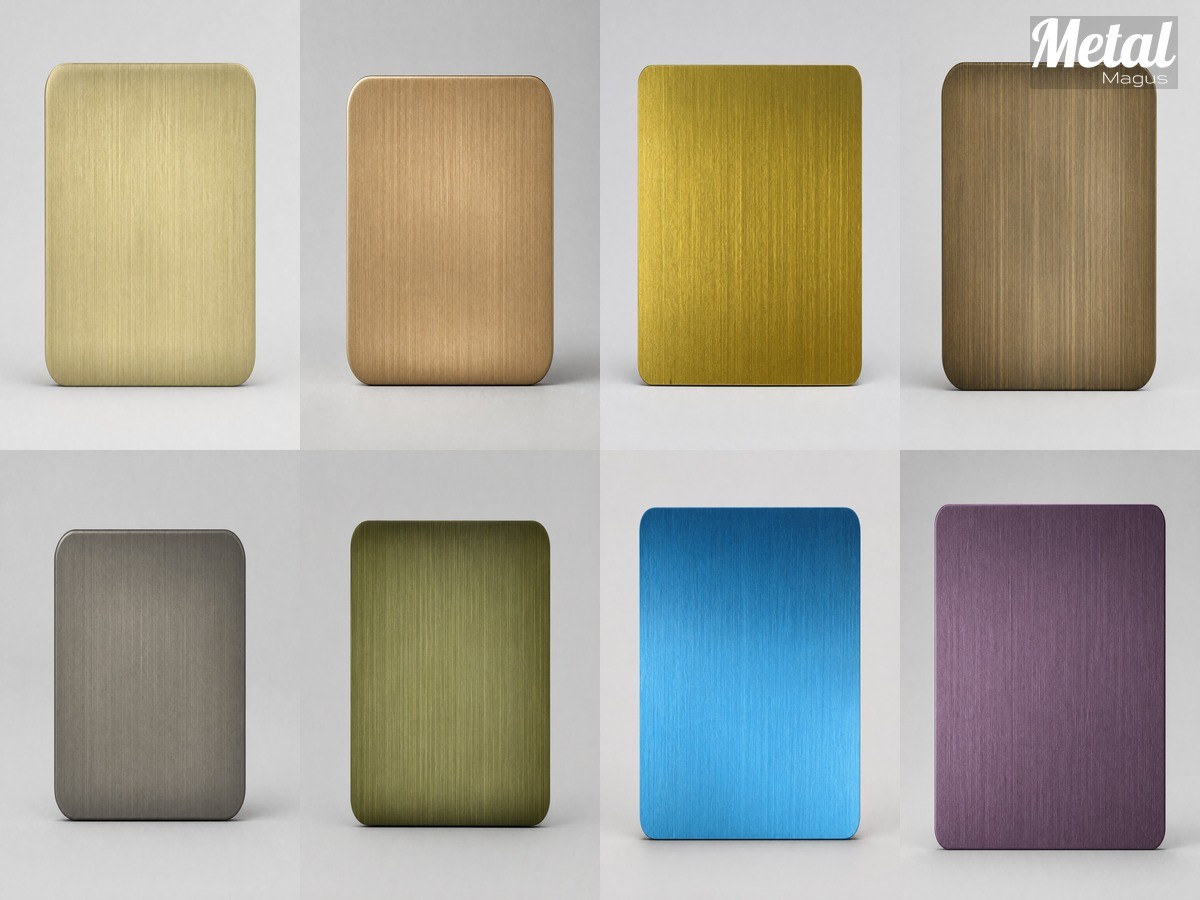 PVD color palette on stainless steel — champagne gold, rose gold, gold, bronze, gunmetal, black, blue, violet