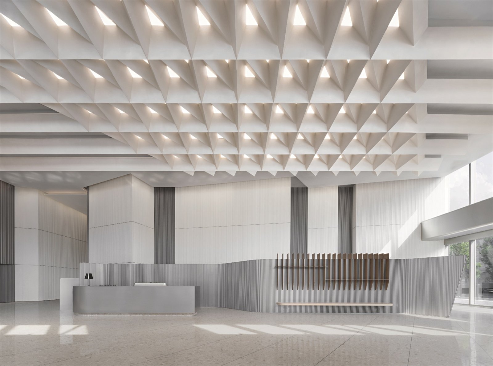 Large metal ceiling system in a public interior